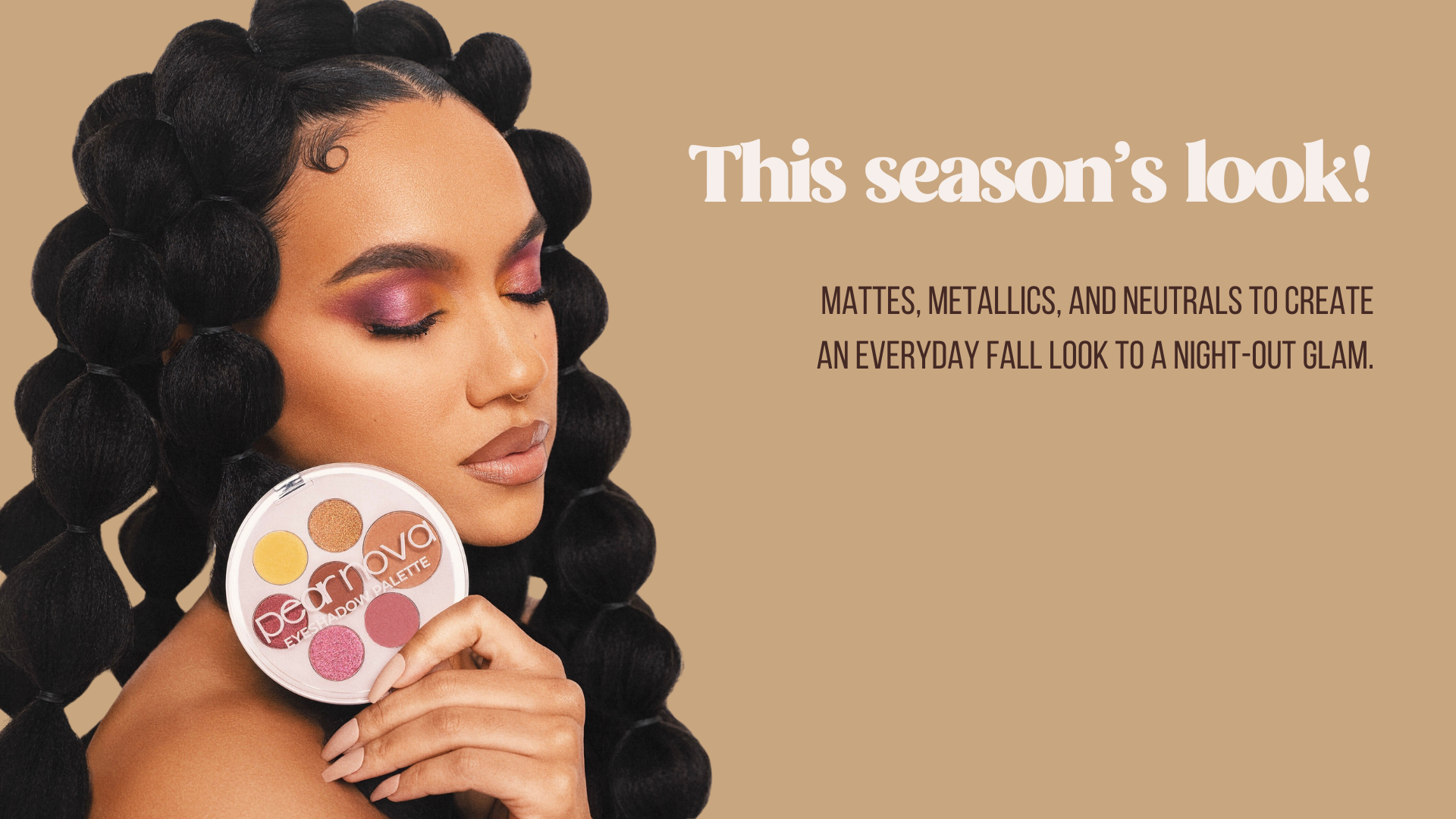 Mattes, metallics and neutrals to create an everyday fall look to a night out glam. Photo of Model with eyes closed showing eyeshadow makeup.